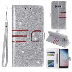Retro Stitching Glitter Leather Wallet Phone Case for Samsung Galaxy S10e (5.8 inch) - Silver
