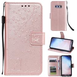 Embossing Cherry Blossom Cat Leather Wallet Case for Samsung Galaxy S10e (5.8 inch) - Rose Gold