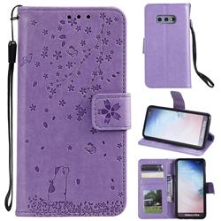 Embossing Cherry Blossom Cat Leather Wallet Case for Samsung Galaxy S10e (5.8 inch) - Purple