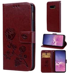 Embossing Rose Flower Leather Wallet Case for Samsung Galaxy S10e (5.8 inch) - Brown