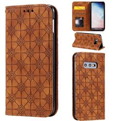 Intricate Embossing Four Leaf Clover Leather Wallet Case for Samsung Galaxy S10e (5.8 inch) - Yellowish Brown