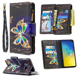 Golden Shining Butterfly Binfen Color BF03 Retro Zipper Leather Wallet Phone Case for Samsung Galaxy S10e (5.8 inch)