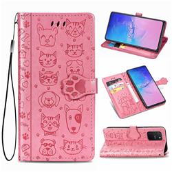 Embossing Dog Paw Kitten and Puppy Leather Wallet Case for Samsung Galaxy S10 Lite(6.7 inch) - Pink