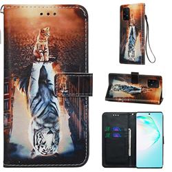 Cat and Tiger Matte Leather Wallet Phone Case for Samsung Galaxy S10 Lite(6.7 inch)
