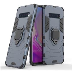 Black Panther Armor Metal Ring Grip Shockproof Dual Layer Rugged Hard Cover for Samsung Galaxy S10 Plus(6.4 inch) - Blue