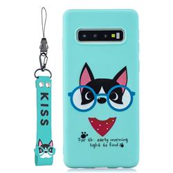 Green Glasses Dog Soft Kiss Candy Hand Strap Silicone Case for Samsung Galaxy S10 Plus(6.4 inch)