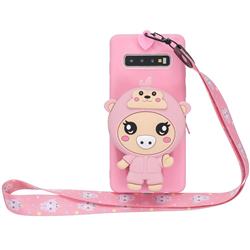 Pink Pig Neck Lanyard Zipper Wallet Silicone Case for Samsung Galaxy S10 Plus(6.4 inch)