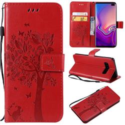 Embossing Butterfly Tree Leather Wallet Case for Samsung Galaxy S10 Plus(6.4 inch) - Red