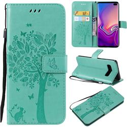 Embossing Butterfly Tree Leather Wallet Case for Samsung Galaxy S10 Plus(6.4 inch) - Cyan
