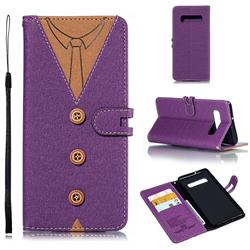 Mens Button Clothing Style Leather Wallet Phone Case for Samsung Galaxy S10 Plus(6.4 inch) - Purple