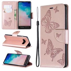Embossing Double Butterfly Leather Wallet Case for Samsung Galaxy S10 Plus(6.4 inch) - Rose Gold