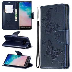Embossing Double Butterfly Leather Wallet Case for Samsung Galaxy S10 Plus(6.4 inch) - Dark Blue