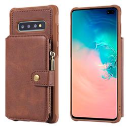 Retro Luxury Multifunction Zipper Leather Phone Back Cover for Samsung Galaxy S10 Plus(6.4 inch) - Coffee