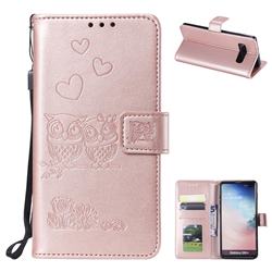 Embossing Owl Couple Flower Leather Wallet Case for Samsung Galaxy S10 Plus(6.4 inch) - Rose Gold