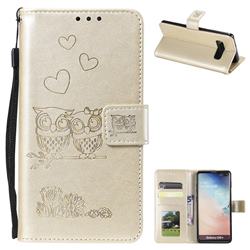 Embossing Owl Couple Flower Leather Wallet Case for Samsung Galaxy S10 Plus(6.4 inch) - Golden