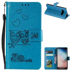 Embossing Owl Couple Flower Leather Wallet Case for Samsung Galaxy S10 Plus(6.4 inch) - Blue