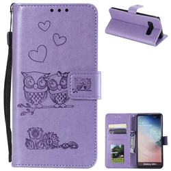 Embossing Owl Couple Flower Leather Wallet Case for Samsung Galaxy S10 Plus(6.4 inch) - Purple