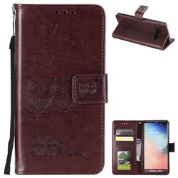 Embossing Owl Couple Flower Leather Wallet Case for Samsung Galaxy S10 Plus(6.4 inch) - Brown