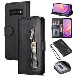 Retro Calfskin Zipper Leather Wallet Case Cover for Samsung Galaxy S10 Plus(6.4 inch) - Black