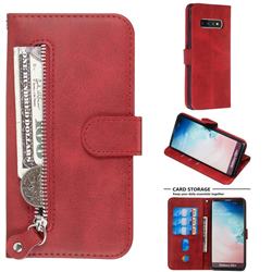 Retro Luxury Zipper Leather Phone Wallet Case for Samsung Galaxy S10 Plus(6.4 inch) - Red