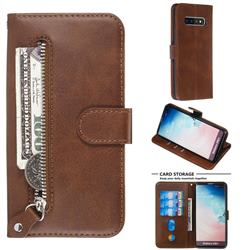 Retro Luxury Zipper Leather Phone Wallet Case for Samsung Galaxy S10 Plus(6.4 inch) - Brown