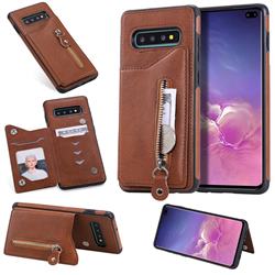 Retro Buckle Zipper Anti-fall Leather Phone Back Cover for Samsung Galaxy S10 Plus(6.4 inch) - Brown