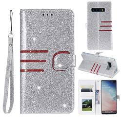 Retro Stitching Glitter Leather Wallet Phone Case for Samsung Galaxy S10 Plus(6.4 inch) - Silver