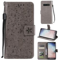 Embossing Cherry Blossom Cat Leather Wallet Case for Samsung Galaxy S10 Plus(6.4 inch) - Gray