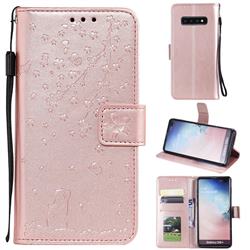 Embossing Cherry Blossom Cat Leather Wallet Case for Samsung Galaxy S10 Plus(6.4 inch) - Rose Gold
