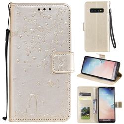 Embossing Cherry Blossom Cat Leather Wallet Case for Samsung Galaxy S10 Plus(6.4 inch) - Golden