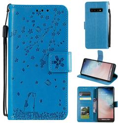 Embossing Cherry Blossom Cat Leather Wallet Case for Samsung Galaxy S10 Plus(6.4 inch) - Blue
