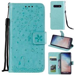 Embossing Cherry Blossom Cat Leather Wallet Case for Samsung Galaxy S10 Plus(6.4 inch) - Green