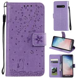 Embossing Cherry Blossom Cat Leather Wallet Case for Samsung Galaxy S10 Plus(6.4 inch) - Purple