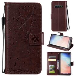 Embossing Cherry Blossom Cat Leather Wallet Case for Samsung Galaxy S10 Plus(6.4 inch) - Brown
