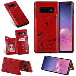 Luxury Bee and Cat Multifunction Magnetic Card Slots Stand Leather Back Cover for Samsung Galaxy S10 Plus(6.4 inch) - Red