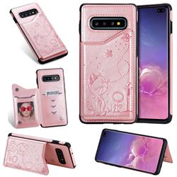 Luxury Bee and Cat Multifunction Magnetic Card Slots Stand Leather Back Cover for Samsung Galaxy S10 Plus(6.4 inch) - Rose Gold