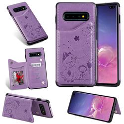 Luxury Bee and Cat Multifunction Magnetic Card Slots Stand Leather Back Cover for Samsung Galaxy S10 Plus(6.4 inch) - Purple