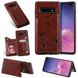 Luxury Bee and Cat Multifunction Magnetic Card Slots Stand Leather Back Cover for Samsung Galaxy S10 Plus(6.4 inch) - Brown