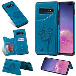 Luxury R61 Tree Cat Magnetic Stand Card Leather Phone Case for Samsung Galaxy S10 Plus(6.4 inch) - Blue