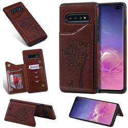 Luxury R61 Tree Cat Magnetic Stand Card Leather Phone Case for Samsung Galaxy S10 Plus(6.4 inch) - Brown