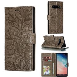 Intricate Embossing Lace Jasmine Flower Leather Wallet Case for Samsung Galaxy S10 Plus(6.4 inch) - Gray