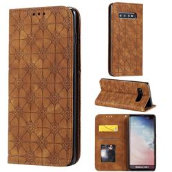 Intricate Embossing Four Leaf Clover Leather Wallet Case for Samsung Galaxy S10 Plus(6.4 inch) - Yellowish Brown