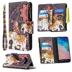 Totem Flower Elephant Binfen Color BF03 Retro Zipper Leather Wallet Phone Case for Samsung Galaxy S10 Plus(6.4 inch)