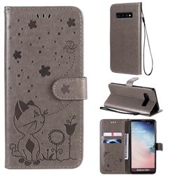 Embossing Bee and Cat Leather Wallet Case for Samsung Galaxy S10 Plus(6.4 inch) - Gray