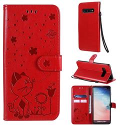 Embossing Bee and Cat Leather Wallet Case for Samsung Galaxy S10 Plus(6.4 inch) - Red