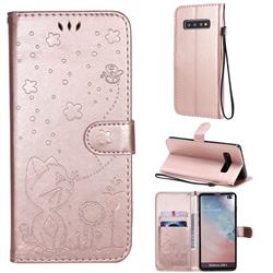 Embossing Bee and Cat Leather Wallet Case for Samsung Galaxy S10 Plus(6.4 inch) - Rose Gold