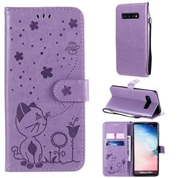 Embossing Bee and Cat Leather Wallet Case for Samsung Galaxy S10 Plus(6.4 inch) - Purple