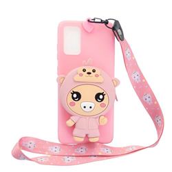 Pink Pig Neck Lanyard Zipper Wallet Silicone Case for Samsung Galaxy S20 Plus / S11