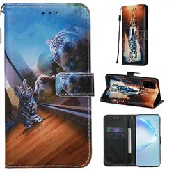 Mirror Cat Matte Leather Wallet Phone Case for Samsung Galaxy S20 Plus / S11