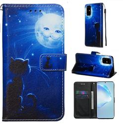 Cat and Moon Matte Leather Wallet Phone Case for Samsung Galaxy S20 Plus / S11